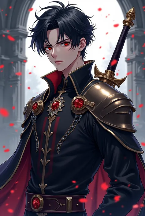 Cover of novel, anime style drawing. Create me as a handsome young man, black haired with red eyes, wearing armor only on the shoulders, wearing fantasy noble clothes with elegant amulets or accessories, draped over a black robe. A gray background with a w...