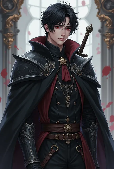 Cover of novel, anime style drawing. Create me as a handsome young man, black haired with red eyes, wearing armor only on the shoulders, wearing fantasy noble clothes with elegant amulets or accessories, draped over a black robe. A gray background with a w...