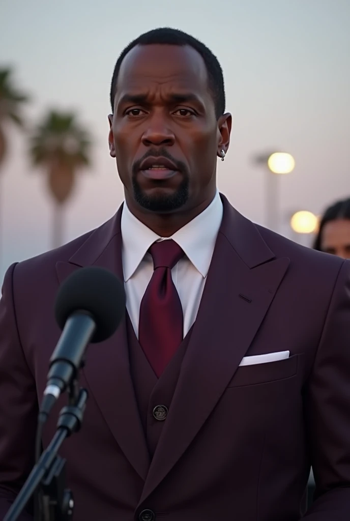 "A hyper-realistic digital painting of Sean 'Diddy' Combs at an outdoor event, with a somber expression as he delivers a speech. Dressed in a sleek dark purple three-piece suit, a white shirt, and a maroon tie, his face reflects a mix of contemplation and ...