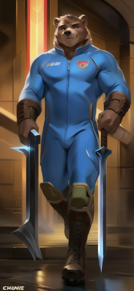  alone, Male tall  , big body,riding a chair  , Tornado Underworld , wielding a sickle as a weapon to represent the meaning of doom, Bear ,Blue sky military spacesuit  ,  Wearing Boots ,  overload,  Muscle ,  Smiling blue tracksuit soldier   , by chunie 