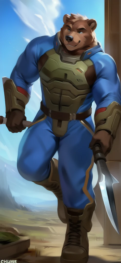  alone, Male tall  , big body,riding a chair  , Tornado Underworld , wielding a sickle as a weapon to represent the meaning of doom, Bear ,Blue sky military spacesuit  ,  Wearing Boots ,  overload,  Muscle ,  Smiling blue tracksuit soldier   , by chunie 