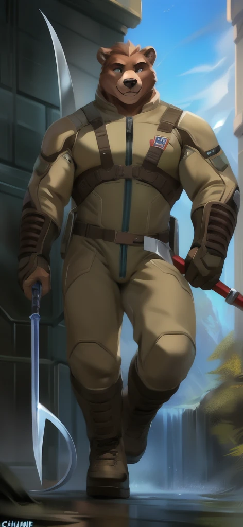  alone, Male tall  , big body,riding a chair  , Tornado Underworld , wielding a sickle as a weapon to represent the meaning of doom, Bear ,Blue sky military spacesuit  ,  Wearing Boots ,  overload,  Muscle ,  Smiling blue tracksuit soldier   , by chunie 