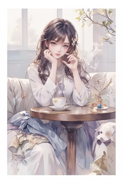 1 girl, sitting, table, tea cup, Watercolor