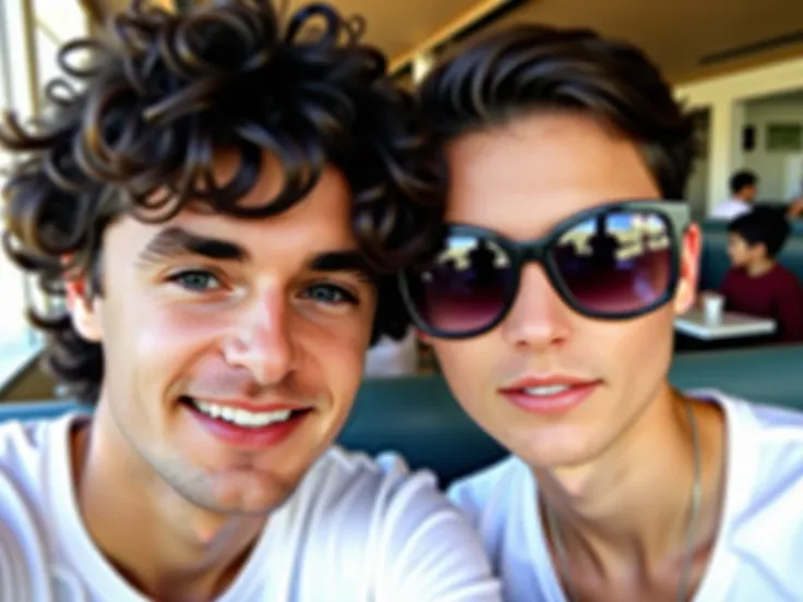 I took a selfie with a black-haired friend with pretty blue eyes . I am a 19-year-old man wearing sunglasses with a slim figure , Wavy hair I'm wearing a white summer shirt we're in a restaurant it's tomorrow having breakfast.