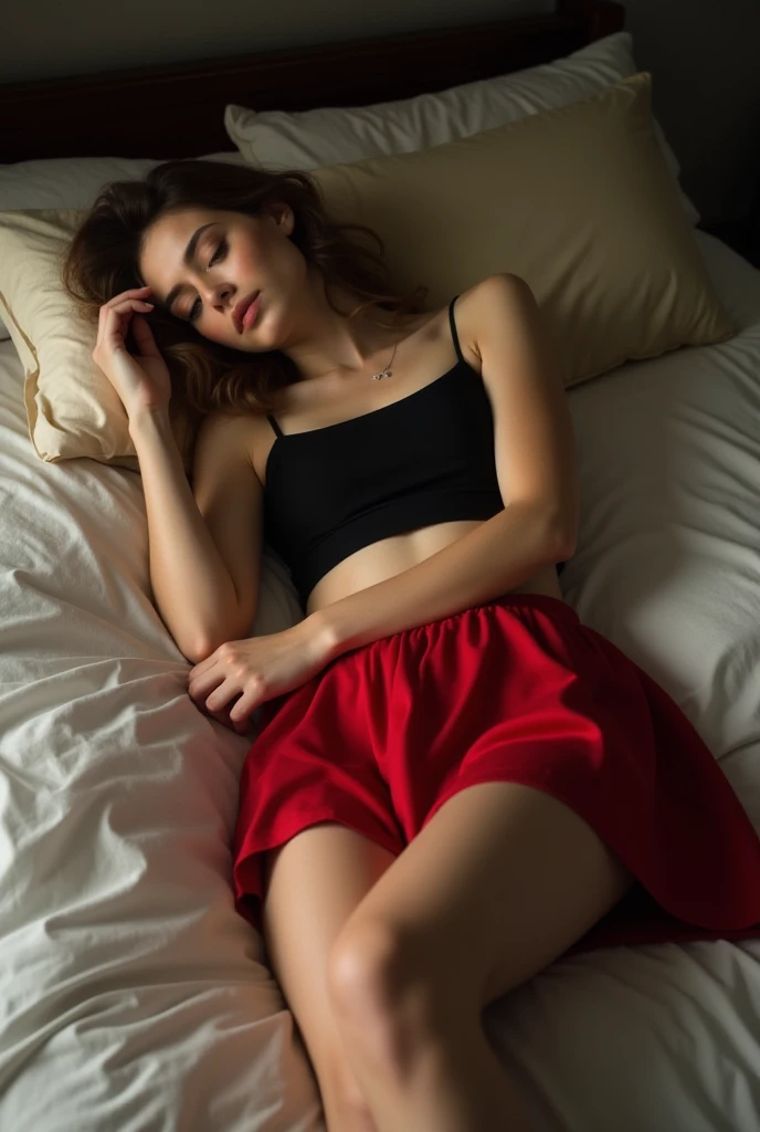 A girl wearing very short skirt and very short top skirt will red and top will black . That girl is sleeping but not in deep sleep. That girl is sleep straight i mean all body visual. That girl is very sexy and she is so tired anf she is on a bed a boy wad...