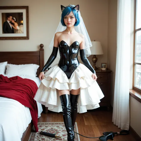  1 girl,  slim , blue hair,  straight short hair,  small breasts,  breasts open,  zopf , Cat ears,  masterpiece ,  anatomically correct  , UHD,  super detailed , further away,  wedding dress , latex black knee-high boots,   latex black arm warmers long   ,...