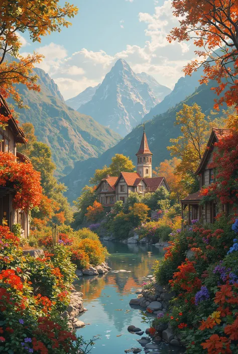 a small village by the river, mountains in the background, floral flowers colorful, detailed landscape, Beautiful natural landscapes, atmospheric lighting, scorching sunset, warm colours, practical, photopractical, Detailed Foliage, complex buildings, cobb...