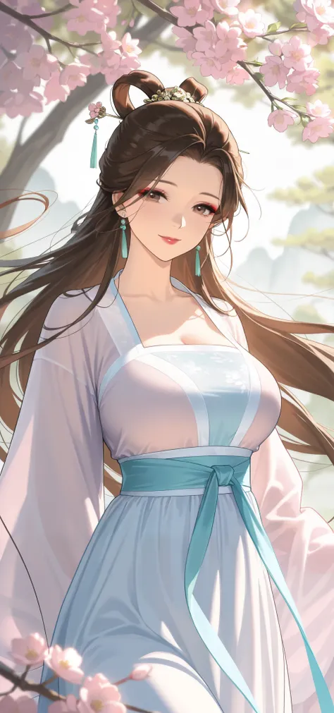 mature female, brown hair, long hair, hair ring, straight hair, floating hair, hairpin, earrings, florals, makeup, wearing long hanfu, hanfu, milf, large breast, looking at viewer, smile, soft light, high detailed, best quality, cowboy shot, outdoors, scen...