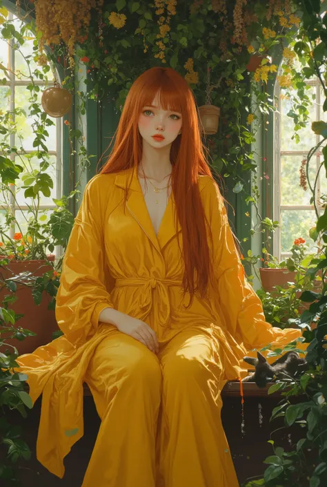 (photorealism:1.2), beautiful woman, sitting on bed inside witchs green house, wearing, full cover yellow pajama and long pants, long layer straight red ginger hair, indoors, soft lighting, plants in background and siling, glass wall with sunlight, cozy ro...