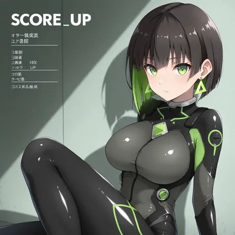 masterpiece, (((( best quality )))),1 girl, Japanese Anime ,character profilele,shiny skin, wearing a black pilot suit, dark hair, short bob hair,The inner color of the hair is green, green eyes,isosceles triangle earrings, black tights,large breasts