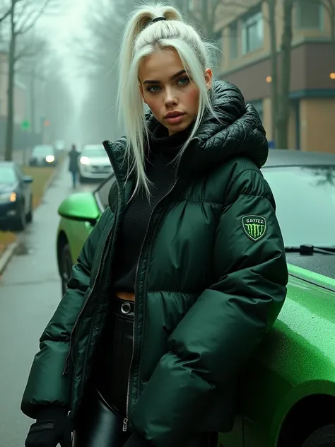 A woman very pretty white hair ponytail,  in black jacket and leather pants next to a car,   monster  girl,  bebe energia   monster  ,  energy monstruosa  ,   monster  ,   model USA jacket puffer  ,   cold as ice  ! 🧊, 🤬 🤮 💕 🎀,    monster  , Jacke Puffer, ...