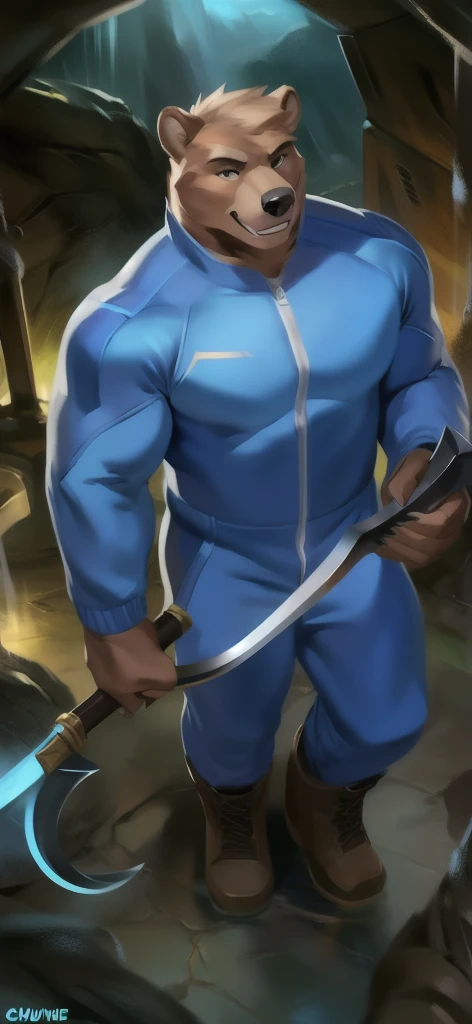  alone, Male tall  , big body,riding a chair  , Tornado Underworld , wielding a sickle as a weapon to represent the meaning of doom, Bear ,Blue sky military spacesuit  ,  Wearing Boots ,  overload,  Muscle ,  Smiling blue tracksuit soldier   , by chunie 