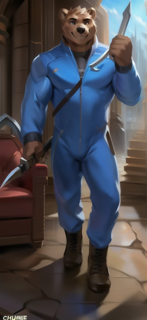  alone, Male tall  , big body,riding a chair  , Tornado Underworld , wielding a sickle as a weapon to represent the meaning of doom, Bear ,Blue sky military spacesuit  ,  Wearing Boots ,  overload,  Muscle ,  Smiling blue tracksuit soldier   , by chunie 