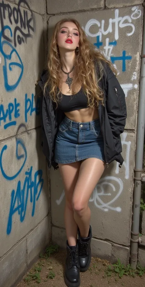  High definition,  Best quality,  High detail,  high quality, full length ,full frame, Full-length girl, long hair,  Blonde hair ,  Natural curls , curls, Breasts, earrings,  sharp ears,  Purple eyes, makeup, scarlet lips, denim skirt, short top,  black sh...