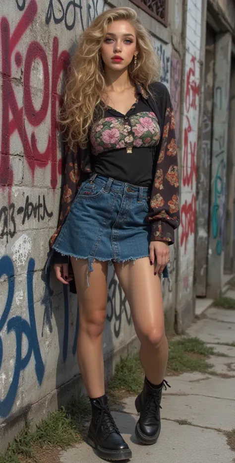  High definition,  Best quality,  High detail,  high quality, full length ,full frame, Full-length girl, long hair,  Blonde hair ,  Natural curls , curls, Breasts, earrings,  sharp ears,  Purple eyes, makeup, scarlet lips, denim skirt, short top,  black sh...