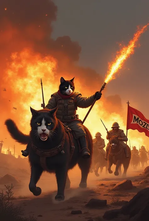 A black and white cat named Rigerayous is shooting a fiery weapon into the burning sky with complete military equipment on the battlefield with a squad of other war cats carrying a flag that says the word MOZE