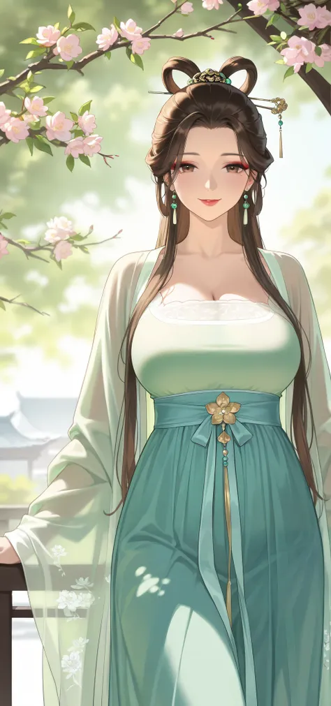 mature female, brown hair, hair ring, hairpin, earrings, florals, makeup, wearing long hanfu, hanfu, milf, large breast, looking at viewer, smile, soft light, high detailed, best quality, cowboy shot, outdoors, scenery, flower, branch, close-up 