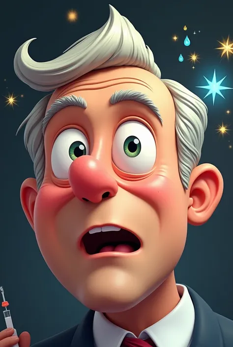 "A cartoon-style close-up of the judge’s face with bright eyes. A drop of medicine is applied to his eye, and magical sparkles appear as his vision is restored. He looks amazed and happy."