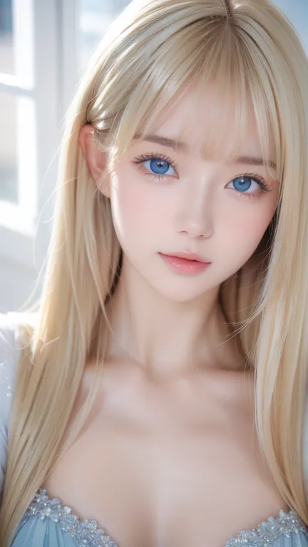 Clear white glossy skin、 people in the hot water room 、Face gloss、Disturbing wind blonde in front of cute face、 baby-faced ridiculously cute sexy little beautiful Norwegian girl、Shiny light blue eyes and details (Looking straight at the camera), SLR lighti...