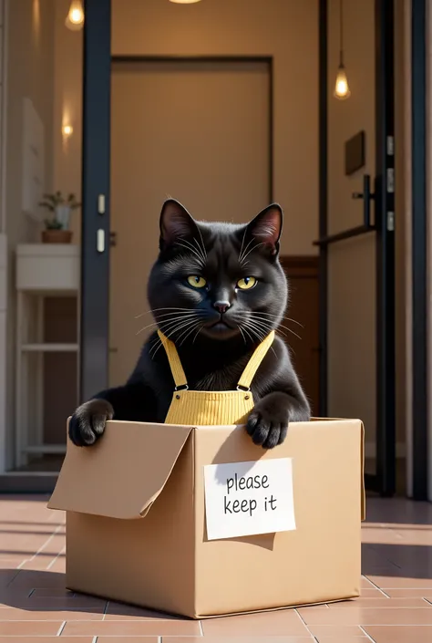score_9,score_8_up,score_7_up,score_6_up,score_5_up,score_4_up,source_realistic_photo, ultra-realistic, photorealistic, ultra-realistic, photorealistic, dramatic scene, global illumination, A huge black cat wearing a yellow striped apron is sitting in a la...