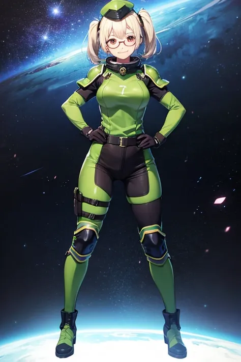  anime picture for TRPG、Space science fiction soldier 、 full body portrait、, a curvy woman who is about 175 cm tall and wears dark green bulletproof armor, about 28 years old, who is standing upright with her hands on her hips、Glasses、 red eyes、 is smiling...