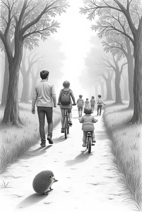 Dessin réalisé au crayon à papier qui représente un chemin partagé par un piéton, un vélo et un hérisson le tout entouré d'arbres et d'enfants marchant vers nous