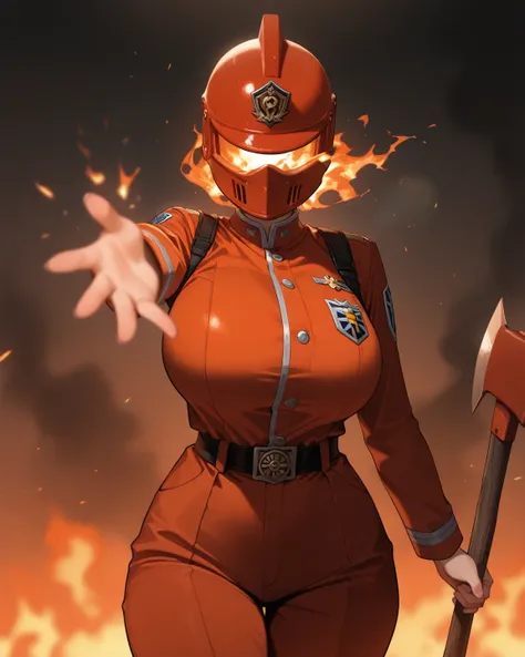 masterpiece, best quality, 1 girl, solo, large breasts, curvy body,
orange firewoman uniform, belts, holding fire axe, firewoman helmet, covered face and hair, reaching towards viewer,
burning restaurant background, fire everywhere, tense situation, 
harsh...