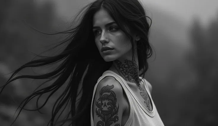 (Monochrome:1.3), Black and White Photography, Dark Theme, (Realistic, Photo-Realistic:1.37), (ohwx female), jesica alba with tribal tattoos on arms and neck, wearing a sleeveless sweatshirtRealistic, Cowboy Shot, Fantasy World, Dark Colors, Dramatic Light...