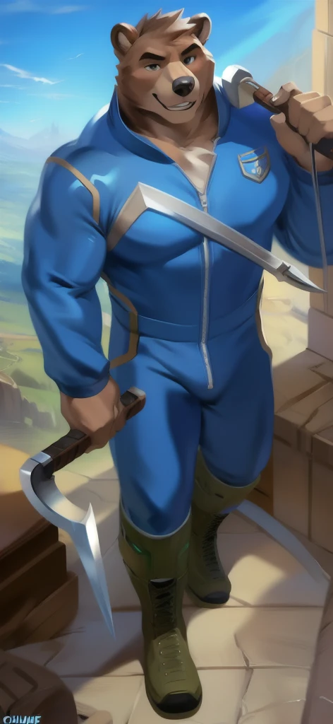  alone, Male tall  , big body,riding a chair  ,Tornado sky underworld, wielding a sickle as a weapon to represent the meaning of doom, Bear ,Blue sky military spacesuit  ,  Wearing Boots ,  overload,  Muscle ,  Smiling blue tracksuit soldier   , by chunie 