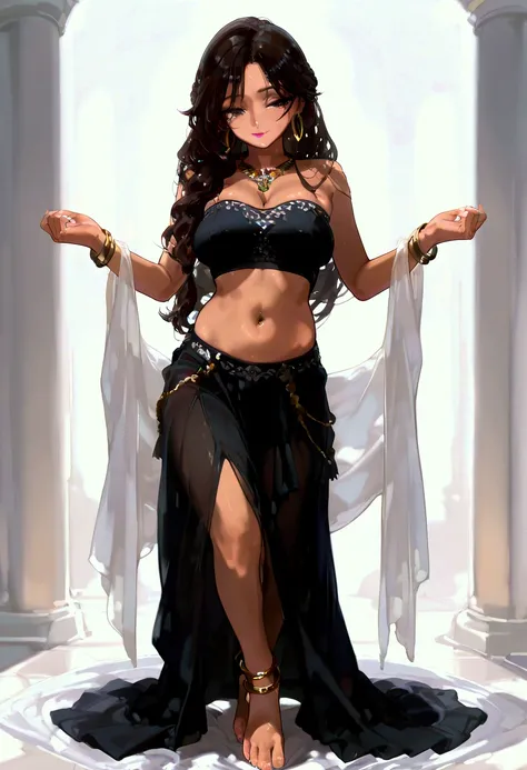 mamimi style, Indian woman, wavy hair, late 30s, full body, brunette, busty, desi clothes, small crop top with tie, black saree, pelvic skirt, wavy long hair in a braid, on a small stage, both hands overhead, gold jewelry, hoop earrings, small nose piercin...