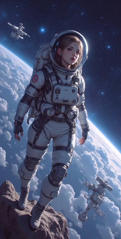  High definition,  Best quality,  Very detailed, full length ,full frame,Astronaut girl , open space ,spacesuit, space station ,