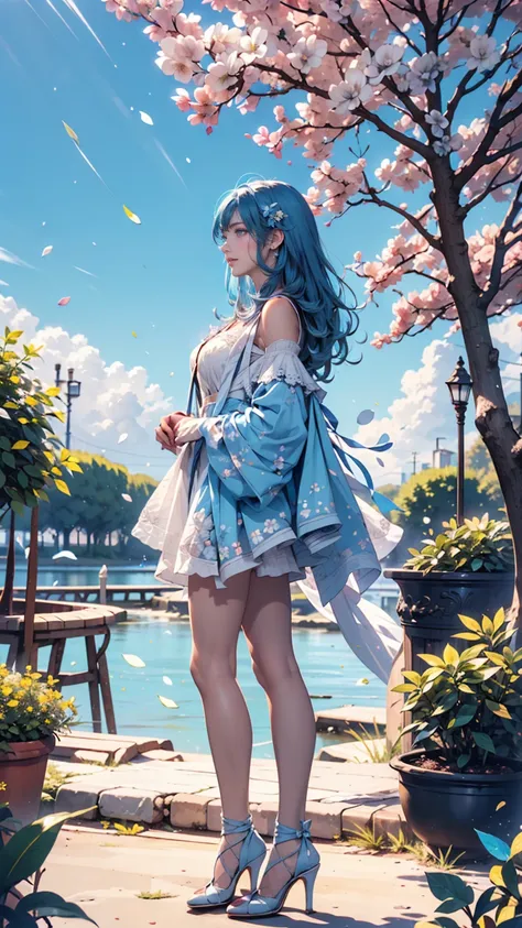 (  is ridiculous,  high resolution,  Super Detail, 超 high resolution,  movie), Alone,  1 girl,  matured,  happy, girl standing in light blue flower field, light blue flower petal surrounding girl,  full body,  girl with long blue hair , light blue hair,  f...