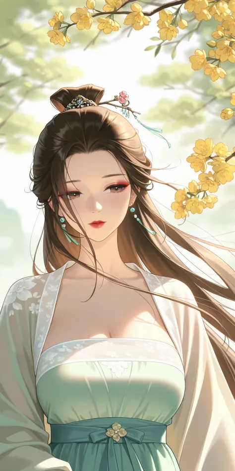 mature female, brown hair, long hair, hair ring, straight hair, floating hair, hairpin, earrings, florals, makeup, wearing long hanfu, hanfu, milf, soft light, high detailed, best quality, upper body, outdoors, scenery, flower, branch, wind, close-up 