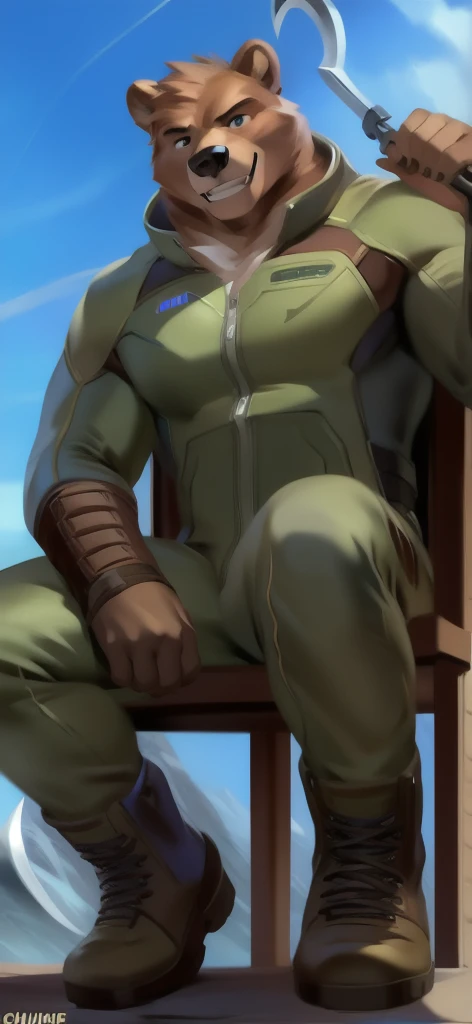  alone, Male tall  , big body,riding a chair  ,Tornado sky underworld, wielding a sickle as a weapon to represent the meaning of doom, Bear ,Blue sky military spacesuit  ,  Wearing Boots ,  overload,  Muscle ,  Smiling blue tracksuit soldier   , by chunie 