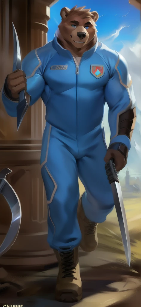  alone, Male tall  , big body,riding a chair  ,Tornado sky underworld, wielding a sickle as a weapon to represent the meaning of doom, Bear ,Blue sky military spacesuit  ,  Wearing Boots ,  overload,  Muscle ,  Smiling blue tracksuit soldier   , by chunie 