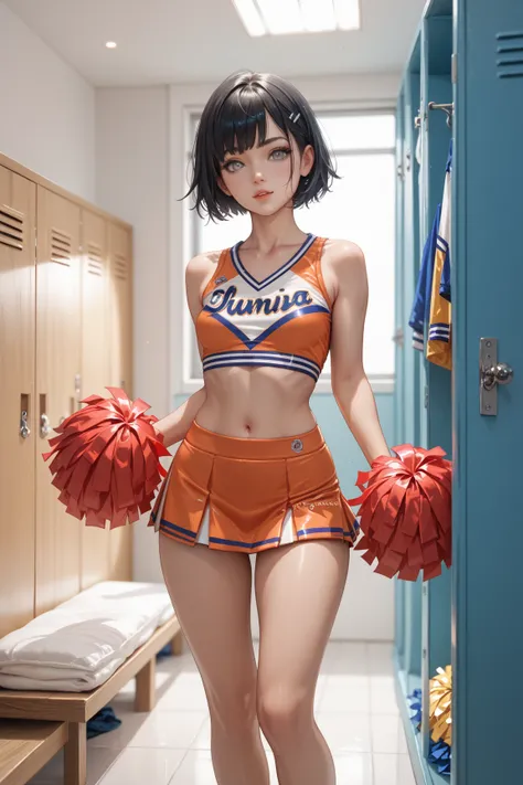 Girl ,  Black hair ,  short hair,  grey eyes,  small breasts ,  wide hips, tight-fitting suite, cheerleader, changing room
