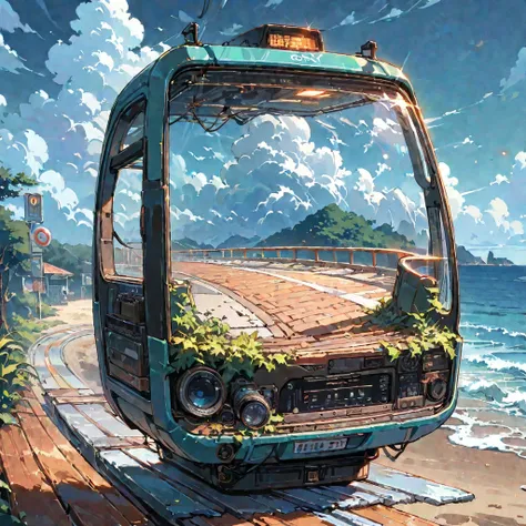 ((anime:1.4,illustration)),(masterpiece, top quality, best quality),(ultra-detailed, absolutely resolution),((16k, high res)), (((tram, seaside, blue sky, cumulonimbus cloud)) ((cozy lofi illustration:1.4)), ((anime:1.4, illustration)),(masterpiece, top qu...