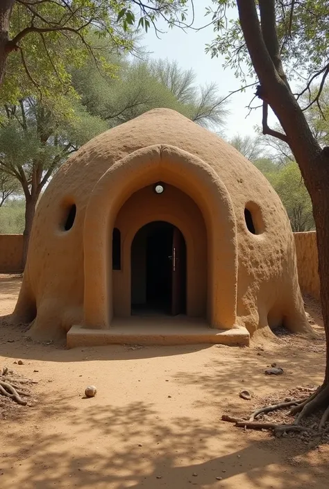 A humble mud house in a rural village – A simple, traditionally built mud house with a small mosque inside. The house is surrounded by trees and a peaceful natural landscape, giving a serene and spiritual atmosphere.