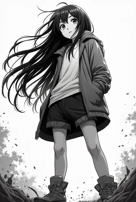 Manga style,  Black and white drawing . 16-year-old girl with long hair, He is standing,  camera view from below , low angle shot, worm&#39;s eye view.