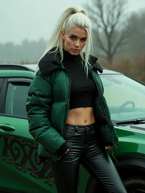 A woman very pretty white hair ponytail,  in a black jacket and leather pants next to a car,   monster  girl,  bebe energia   monster  ,  energy monstruosa  ,   monster  ,   model USA jacket puffer  ,   cold as ice  ! 🧊, 🤬 🤮 💕 🎀,    monster  , Jacke Puffer...