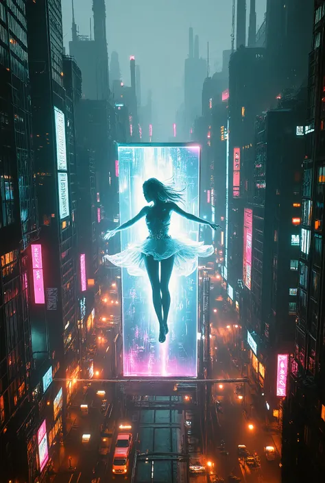 blade runner, cyberpunk, big city, Angle of looking at the ground from the sky, A holographic dancing girl on a large led transparent screen,