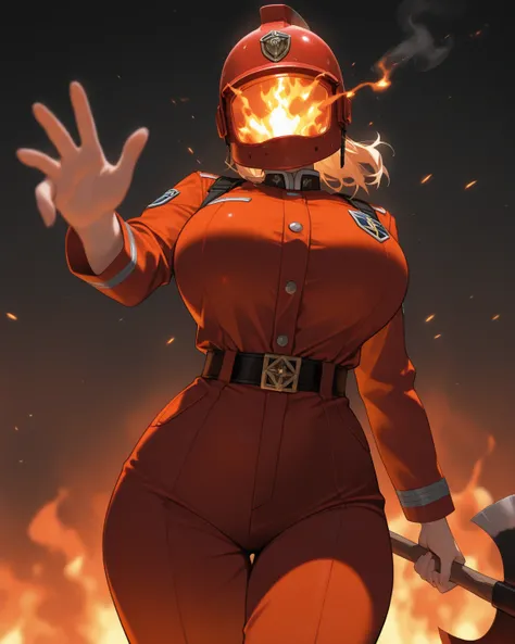 masterpiece, best quality, 1 girl, solo, large breasts, curvy body,
orange firewoman uniform, belts, holding fire axe, firewoman helmet, covered face and hair, reaching towards viewer,
burning restaurant background, fire everywhere, tense situation, 
harsh...