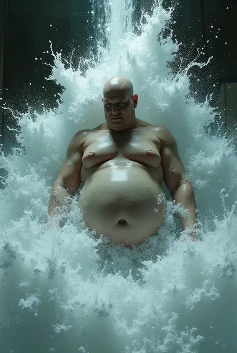 A picture with white water on a bloated chest