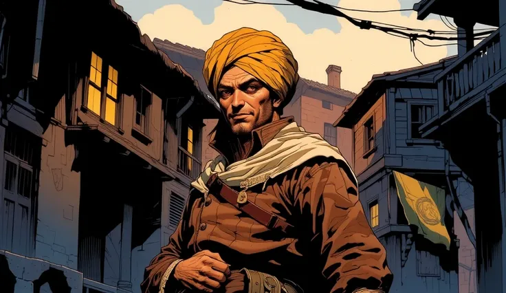 "A turbaned king is smiling in the street of a turbaned village, and he is alone. The scene is set at night."