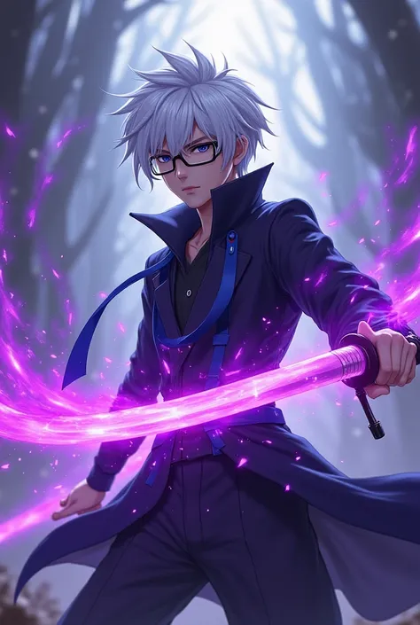 Cid kagenou, a young white-haired man with 1 strand of blue hair in front,  uses glasses , and carrying a purple fire katana ,with the aura of the demon king's layakny .