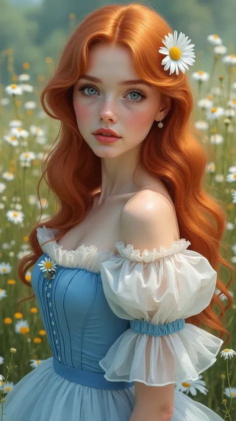 A ginger hair woman (25yo) with long soft waves hair and light blue fawn sweet eyes and freckles on the nose and on the cheeks, she has a sweet expression while she's looking at the viewer and a perfect ovale face with a fairly little nose and full lips, w...