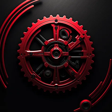  A futuristic design with complex mechanical elements .  The image has red and black colored gears interconnected ,  creates the impression of sophisticated industrial machinery .  The background has a carbon fiber texture with red and black curved line el...