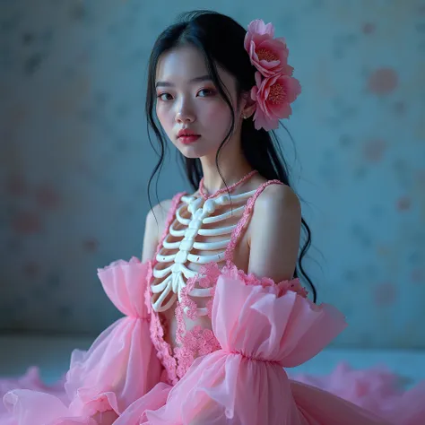 araffe girl in a pink dress posing for a picture, ribcage, ((pink)), pink body, pink skin, ulzzang, bubblegum body, pink girl, by Russell Dongjun Lu, skeleton girl, some pink, inspired by Yanjun Cheng, smooth pink skin, trending on cgstation, 🌺 cgsociety, ...