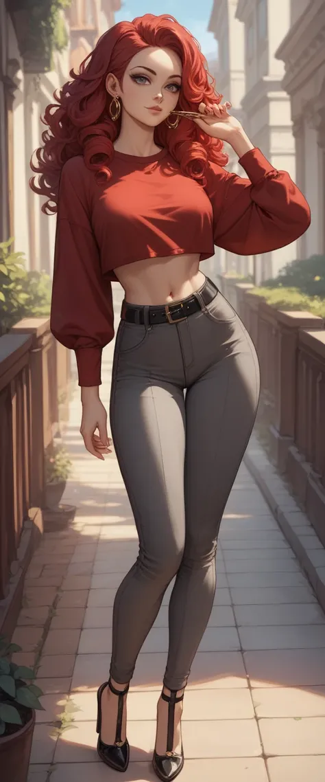 A beautiful woman Bella sexy attractive sensual red hair wavy shiny curly long smooth her eyes light red long eyelash wears short metallic red long sleeve shirt shows navel and dark gray pants black belt black heel gold ear earring