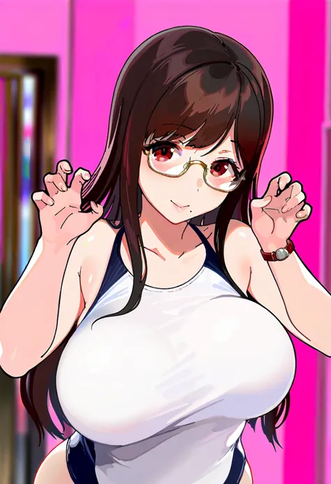  1 girl,Alone, mole under mouth, mole,glass, braided,chest, upper body, competitive swimsuit,large chest, mouth, brown hair, watches viewers,  simple background, long hair,yellow-framed eyewear,big chest, Red Eyes,smile, shoulders with chocolate,,  underri...